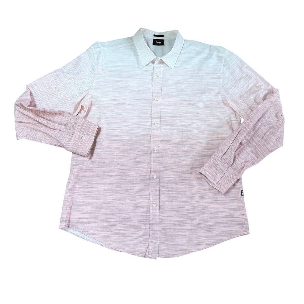 Hugo Boss Mens Slim Fit Ombre Button Down‎ Shirt Pink White Long Sleeve XL
